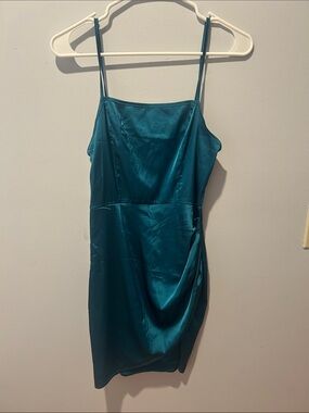 Teal Satin Spaghetti Strap Dress